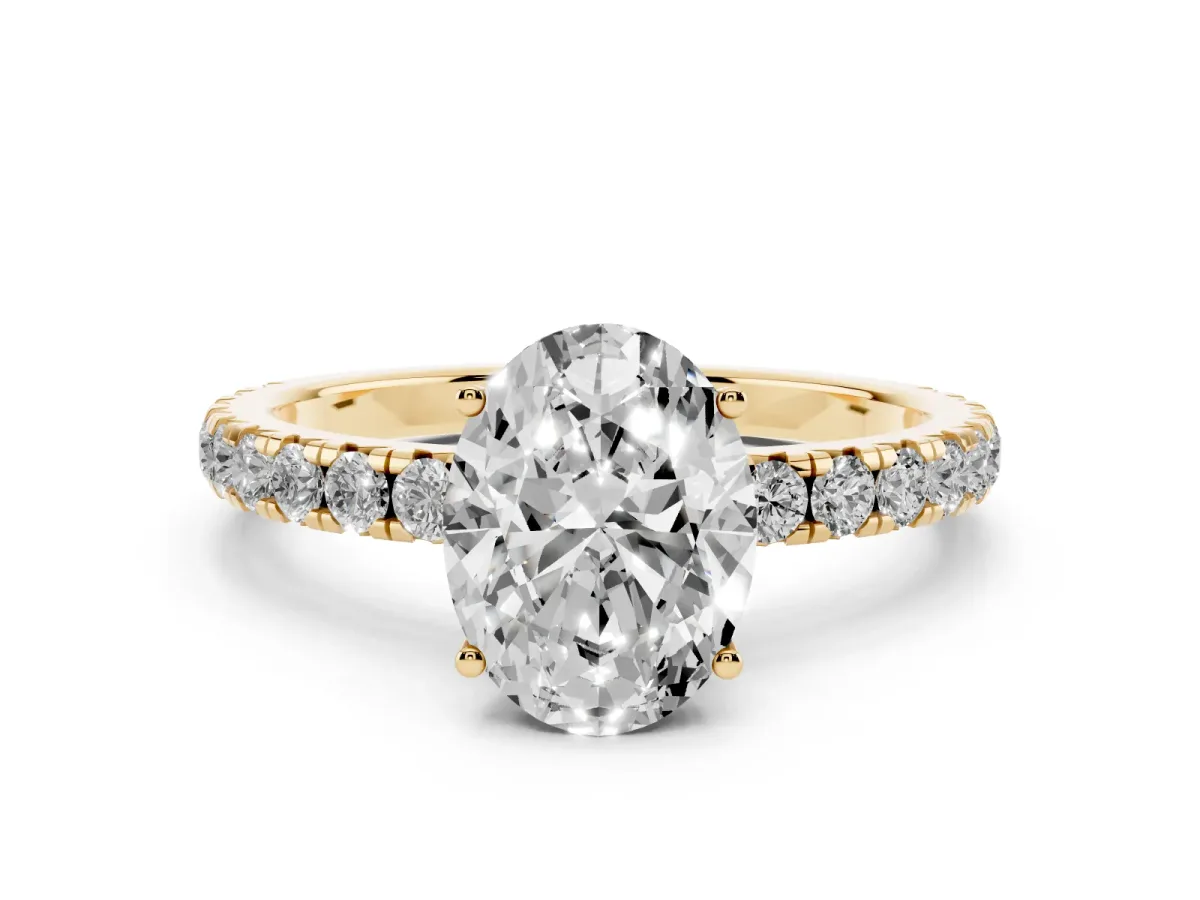 Oval Cut Diamond Pavé Solitaire Engagement Ring Set in Yellow gold with Prong Setting