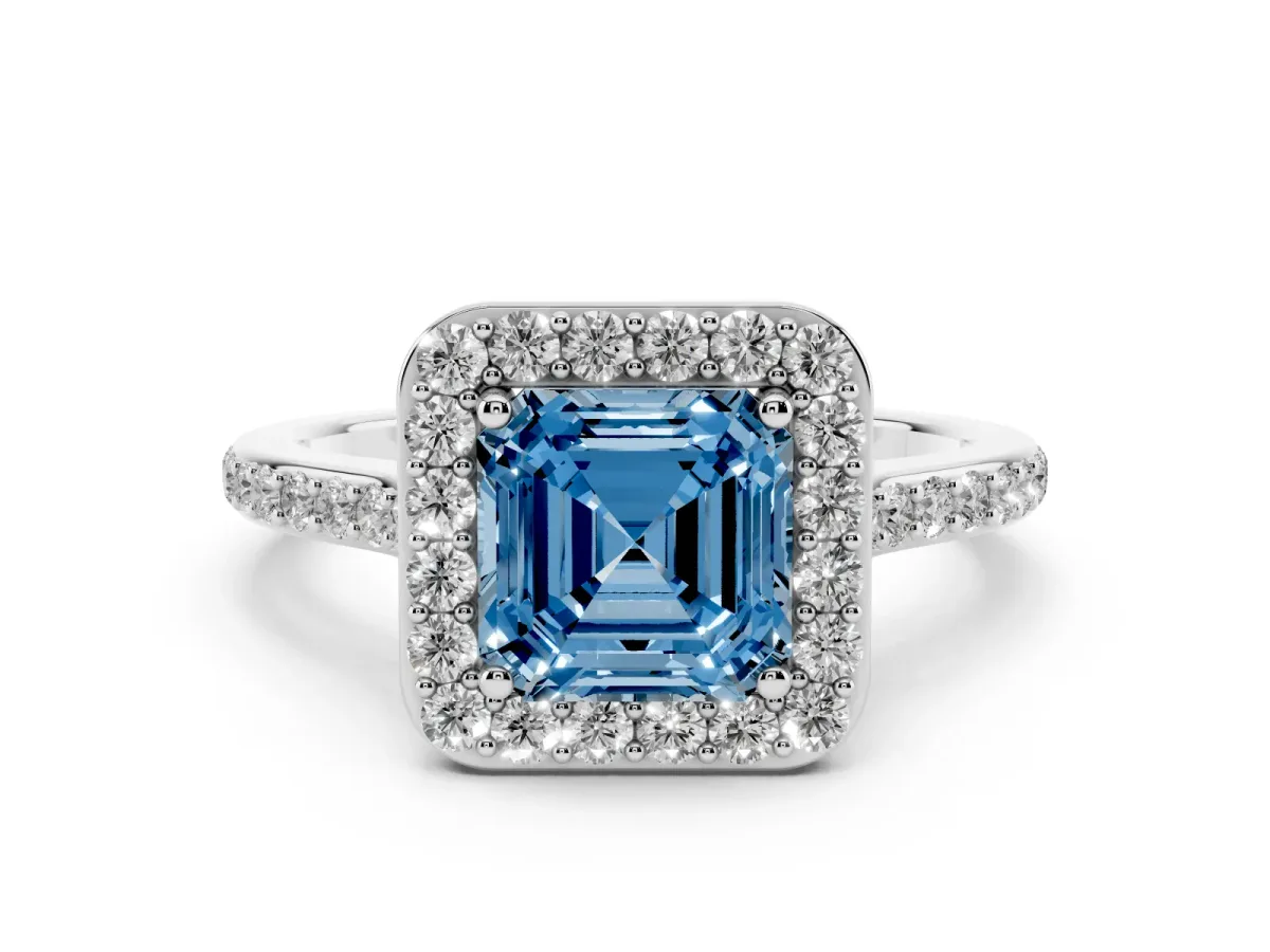 Fancy Blue Asscher Cut Diamond Halo Engagement Ring Set in White gold with Round Pavé Shoulders and Heart Gallery