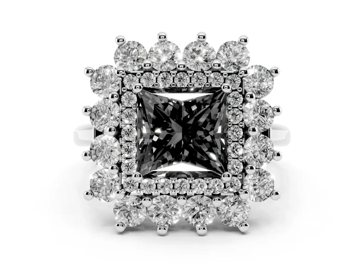 Fancy Black Princess Cut Diamond Floral Double Halo Ring Set in Platinum with Round Petals