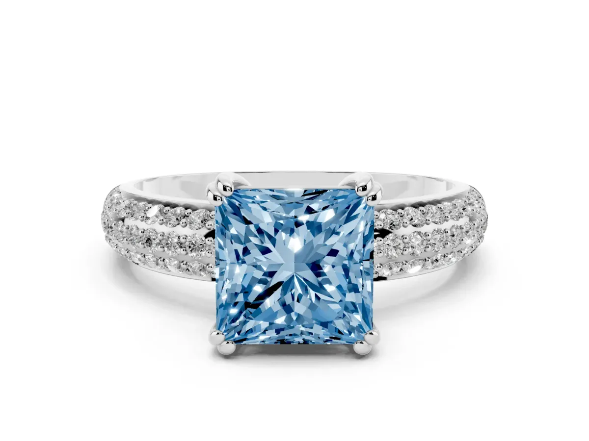 Fancy Blue Princess Cut Diamond Solitaire Ring Set in Silver with Multi-Row Round Pavé Band and Prong Setting