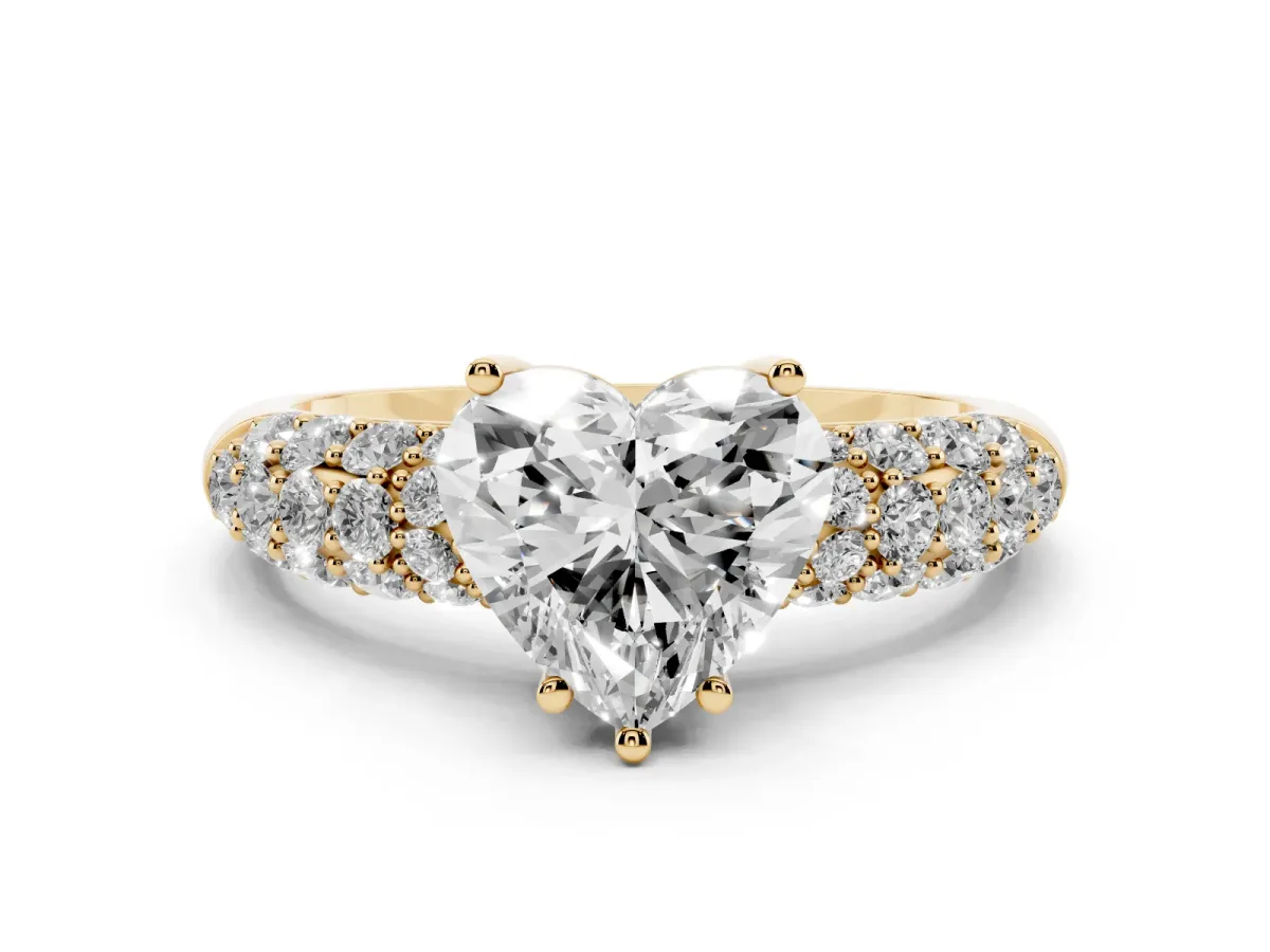 Heart Cut Diamond Pavé Band Solitaire Ring Set in Yellow gold with Close-Set Accent Stones and Prong Setting