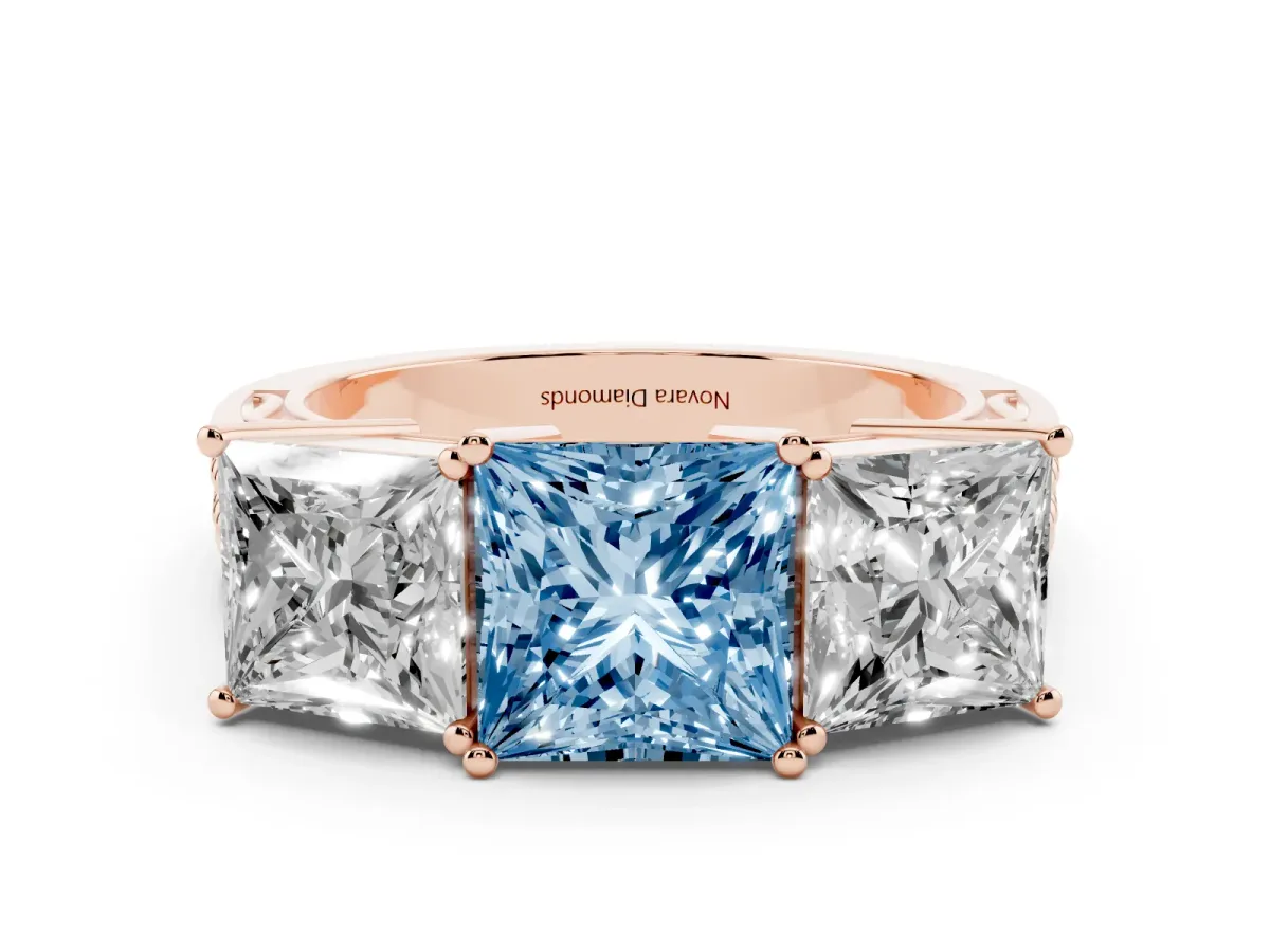 Fancy Blue Princess Cut Diamond Three-Stone Ring Set in Rose gold with Textured Band