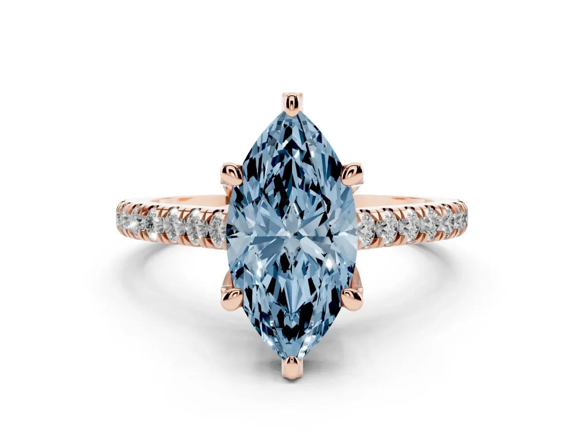 Fancy Blue Marquise Cut Diamond Solitaire Ring Set in Rose gold with Brilliant Pavé Band and Prong Setting
