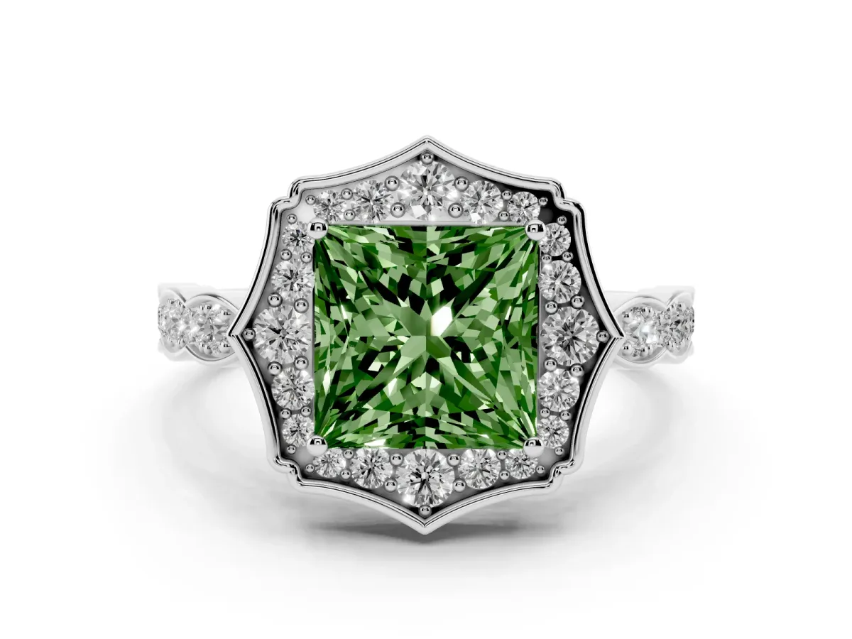 Fancy Green Princess Cut Diamond Halo Engagement Ring Set in Silver with Milgrain Band and Prong Setting