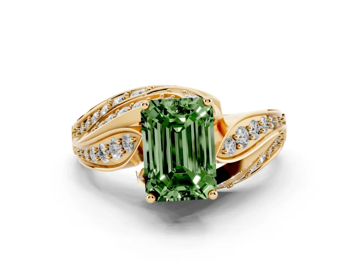 Fancy Green Emerald Cut Diamond Solitaire Ring Set in Yellow gold with Layered Twist Pavé Band