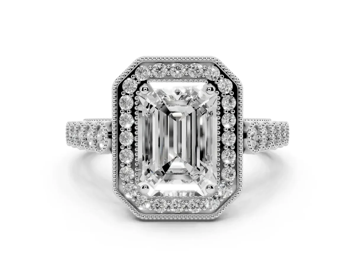 Emerald Cut Diamond Milgrain Halo Solitaire Ring Set in Platinum with Bezel Set Side Stones and Pavé Band