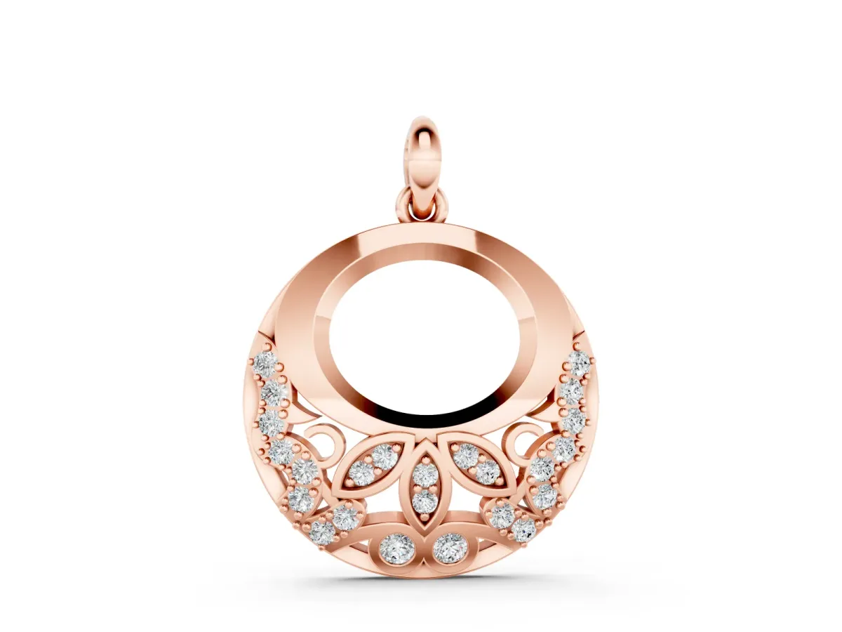 Round Diamond Leaf Filigree Pendant Set in Rose gold with Pavé Setting
