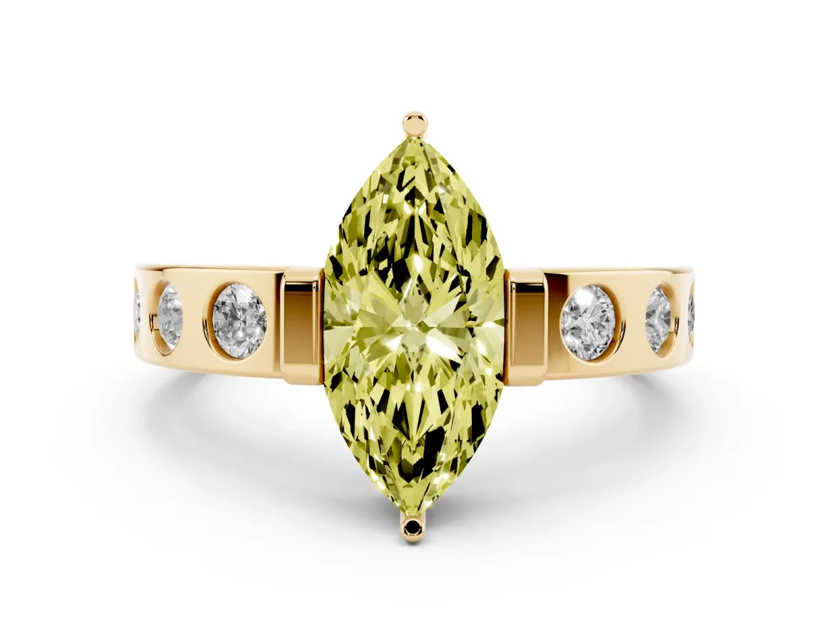 Fancy Yellow Marquise Cut Diamond Channel-Set Band Ring Set in Yellow gold with Bezel Prong Setting