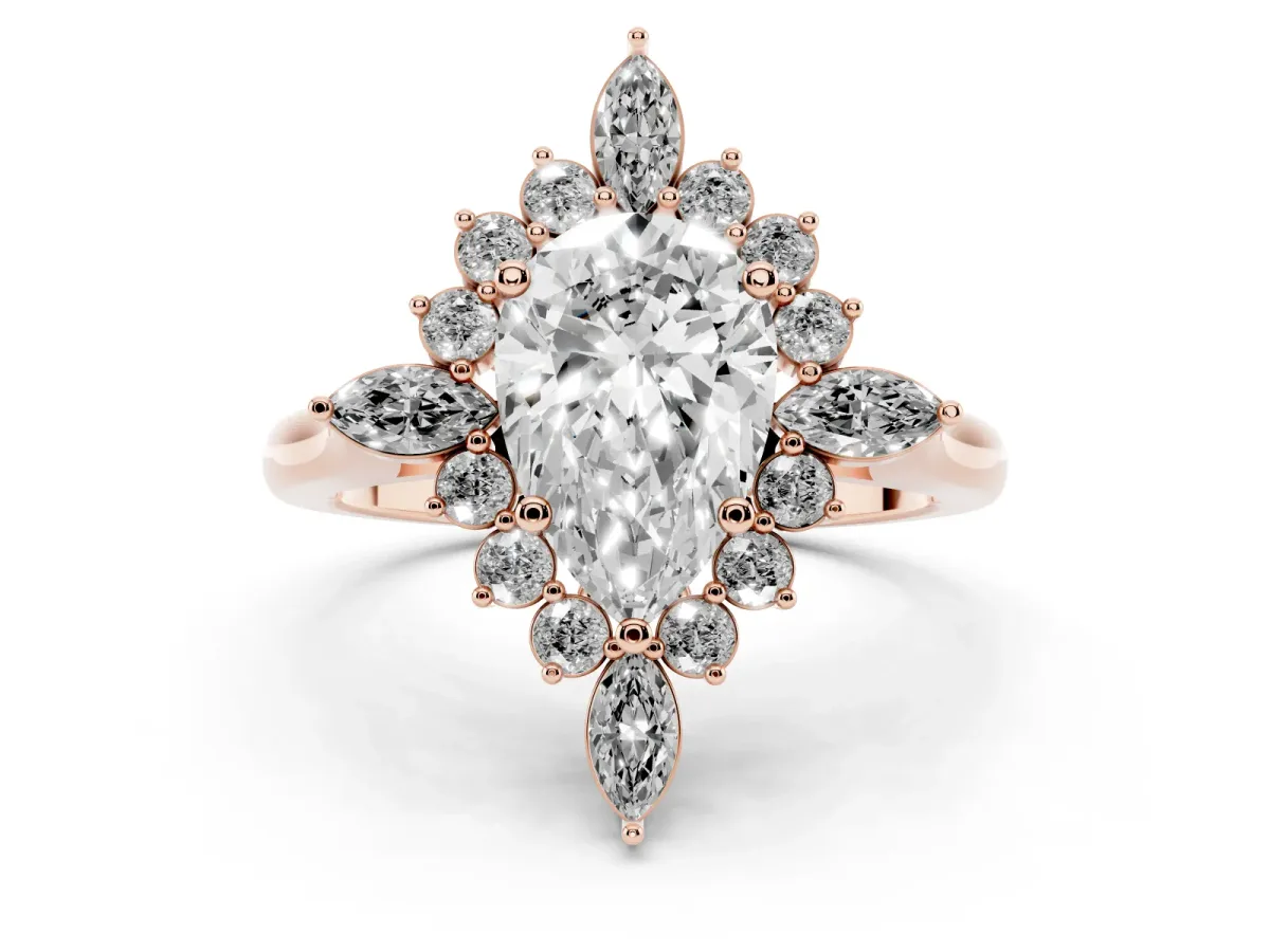 Pear Cut Diamond Cluster Halo Ring Set in Rose gold with Marquise and Round Accents