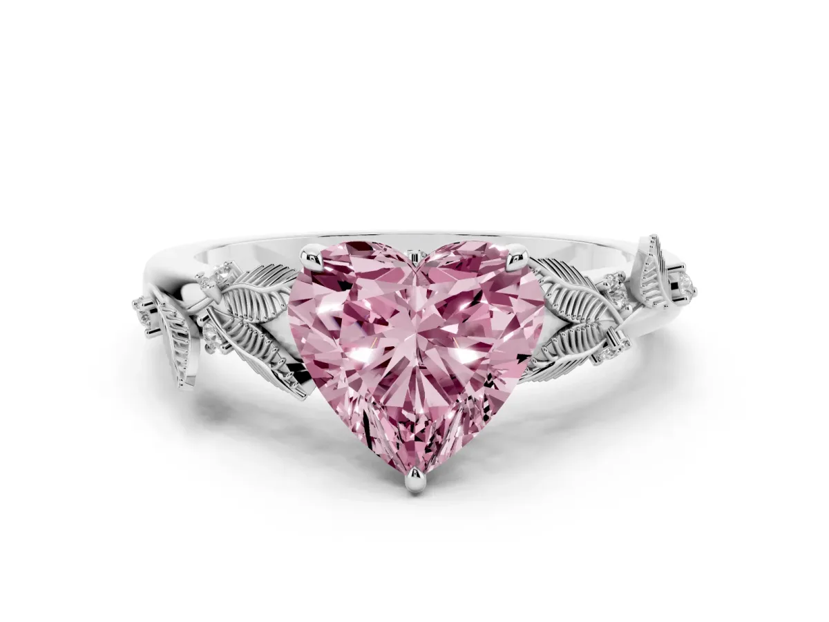 Fancy Pink Heart Cut Diamond Solitaire Ring Set in Platinum with Leaf Motif Band