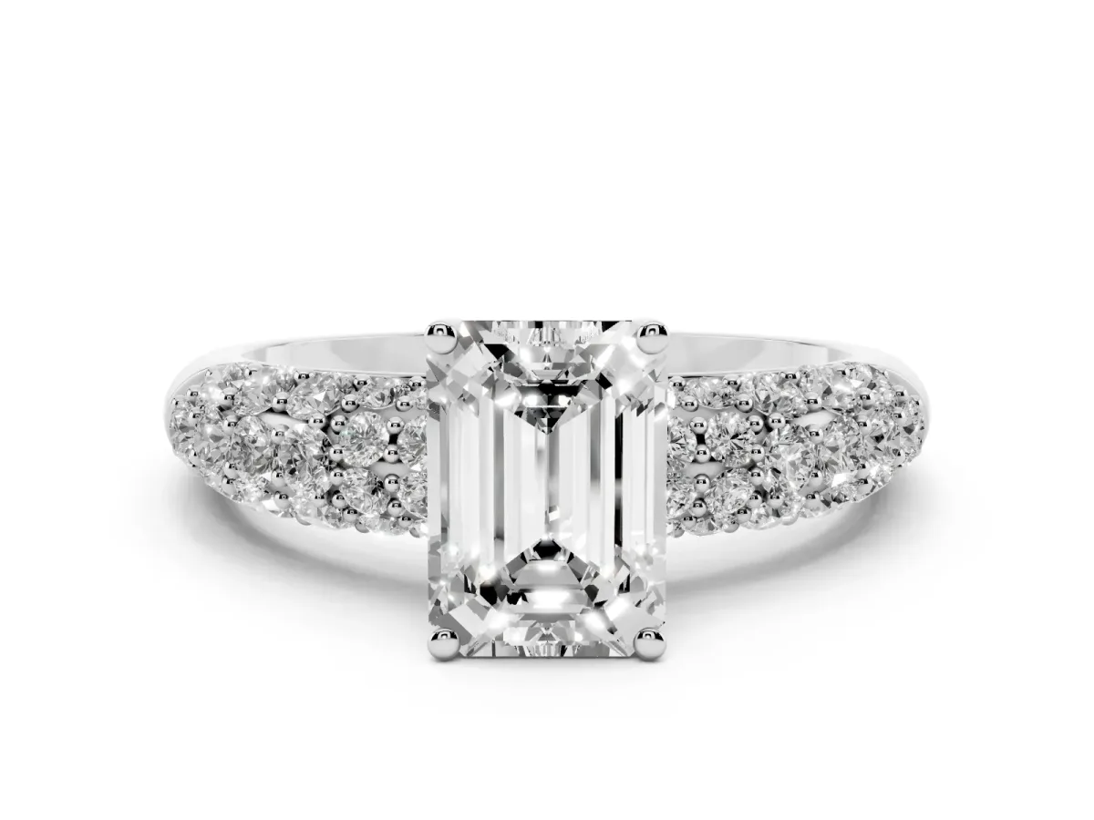 Emerald Cut Diamond Pavé Band Solitaire Ring Set in White gold with Close-Set Accent Stones and Prong Setting