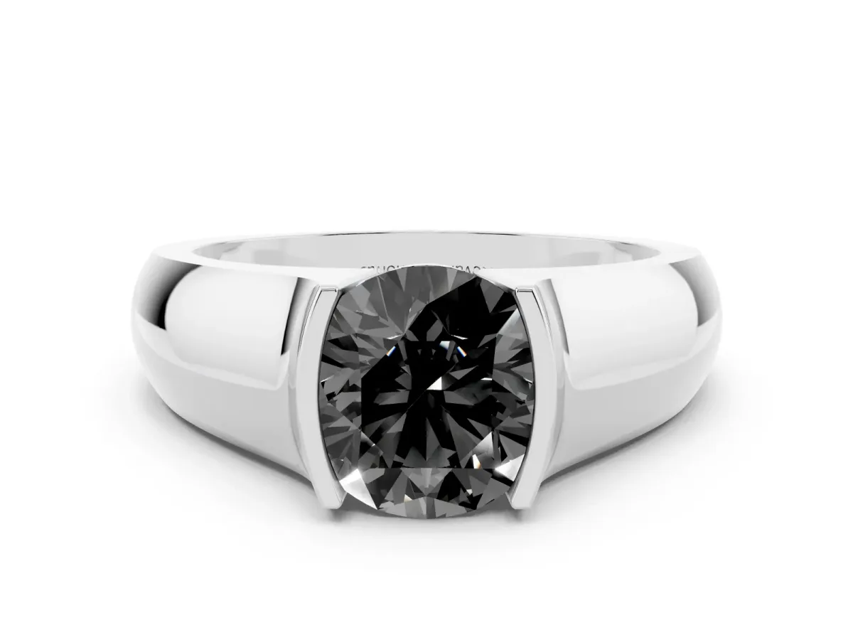 Fancy Black Round Cut Diamond Bezel Solitaire Ring Set in Silver with Wide Band