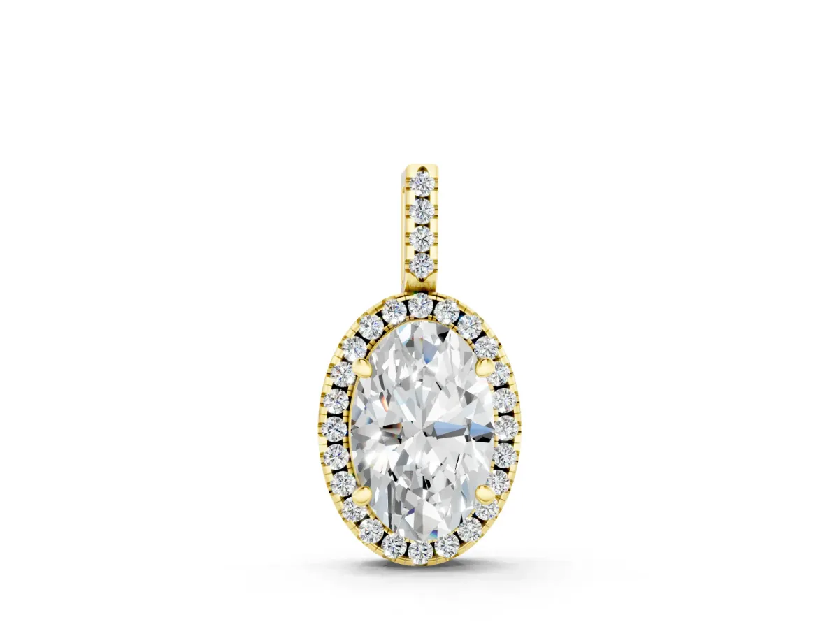 Oval Halo Diamond Pendant Set in Yellow gold with Prong-Set Center