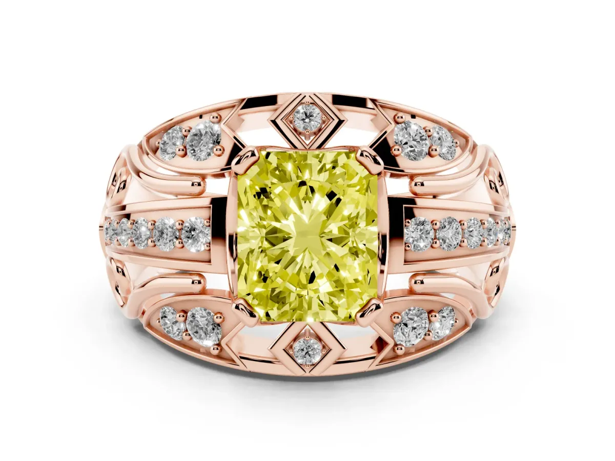 Fancy Yellow Radiant Cut Diamond Art Deco Ring Set in Rose gold with Pavé Split Shank