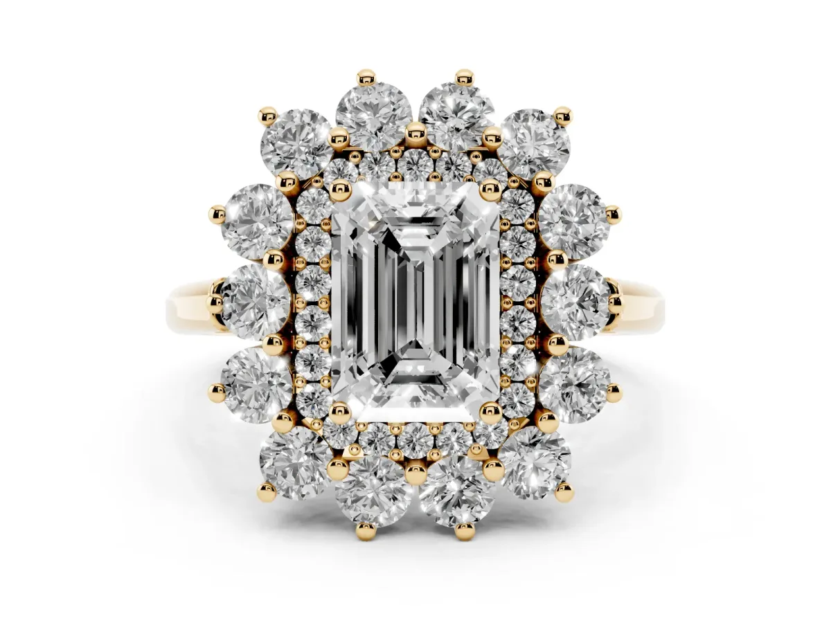 Emerald Cut Diamond Floral Double Halo Ring Set in Yellow gold with Round Petals