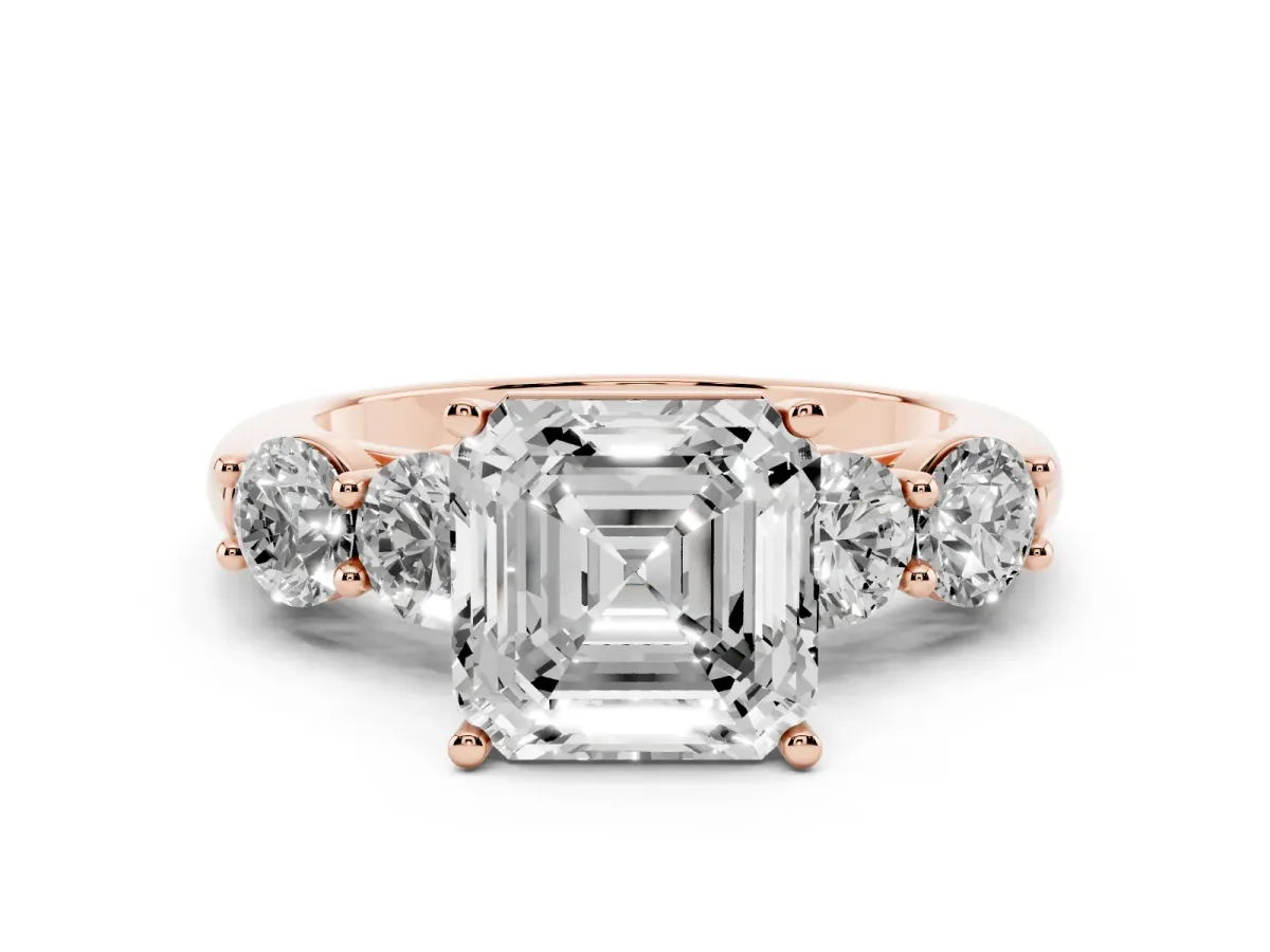 Asscher Cut Diamond Five-Stone Prong Set Ring Set in Rose gold with Classic Band