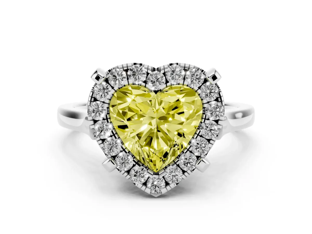 Fancy Yellow Heart Cut Diamond Cluster Halo Solitaire Ring Set in Platinum with Prong Setting