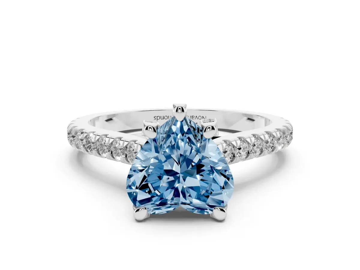 Fancy Blue Heart Cut Diamond Solitaire Ring Set in Silver with Brilliant Pavé Band and Prong Setting