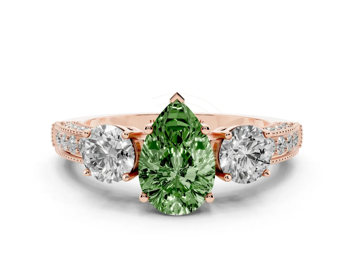 Fancy Green Pear Cut Diamond Three-Stone Ring Set in Rose gold with Round Side Stones and Pavé Band