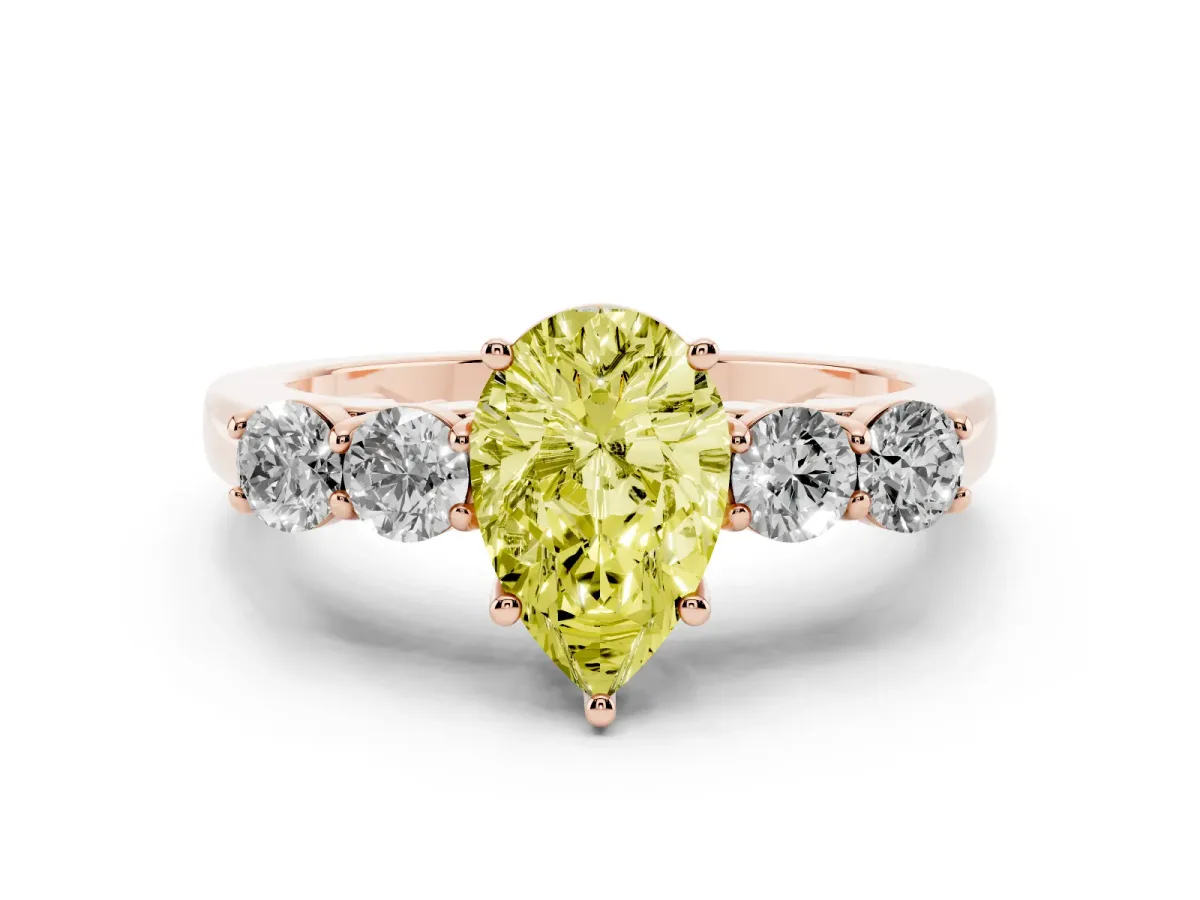 Fancy Yellow Pear Cut Diamond Five-Stone Prong Set Band Ring Set in Rose gold with Polished Band