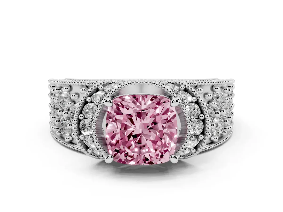 Fancy Pink Cushion Cut Diamond Milgrain Halo Pavé Engagement Ring Set in Silver with Prong Setting