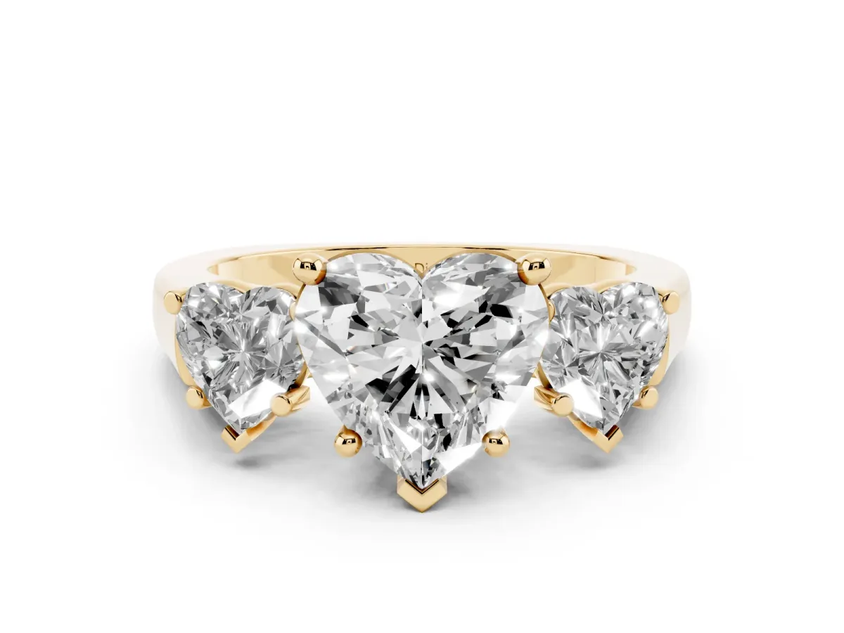 Heart Cut Diamond Three-Stone Trellis Ring Set in Yellow gold with Comfort Fit Band