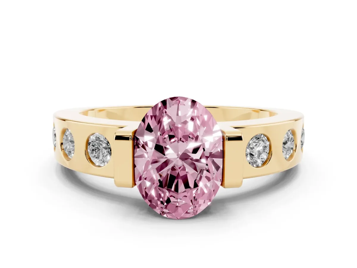 Fancy Pink Oval Cut Diamond Channel-Set Band Ring Set in Yellow gold with Bezel Prong Setting