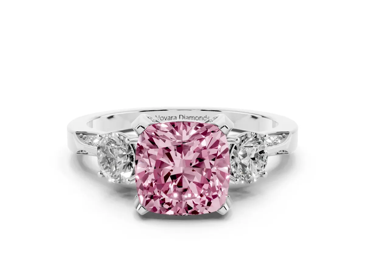 Fancy Pink Cushion Cut Diamond Three-Stone Ring Set in Silver with Pavé Band and Smaller Side Stones