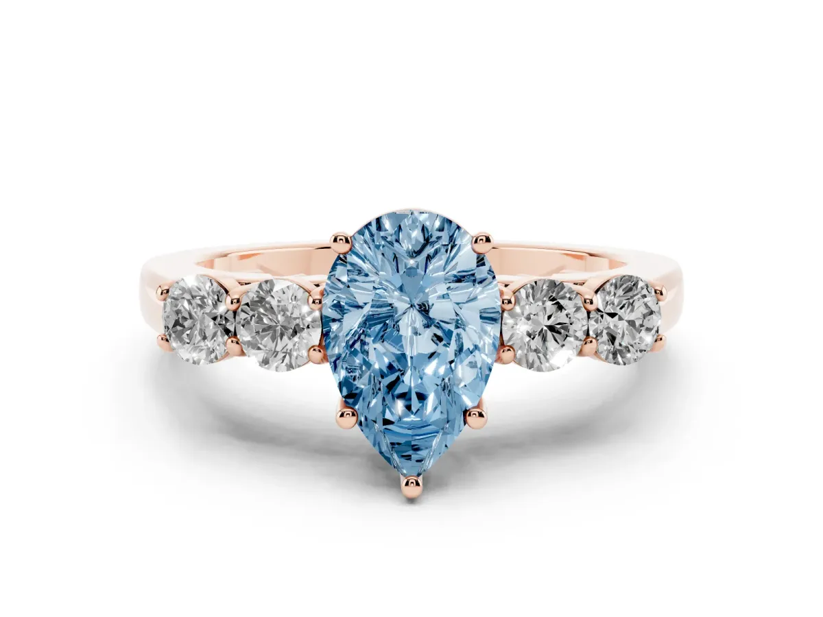 Fancy Blue Pear Cut Diamond Five-Stone Prong Set Band Ring Set in Rose gold with Polished Band