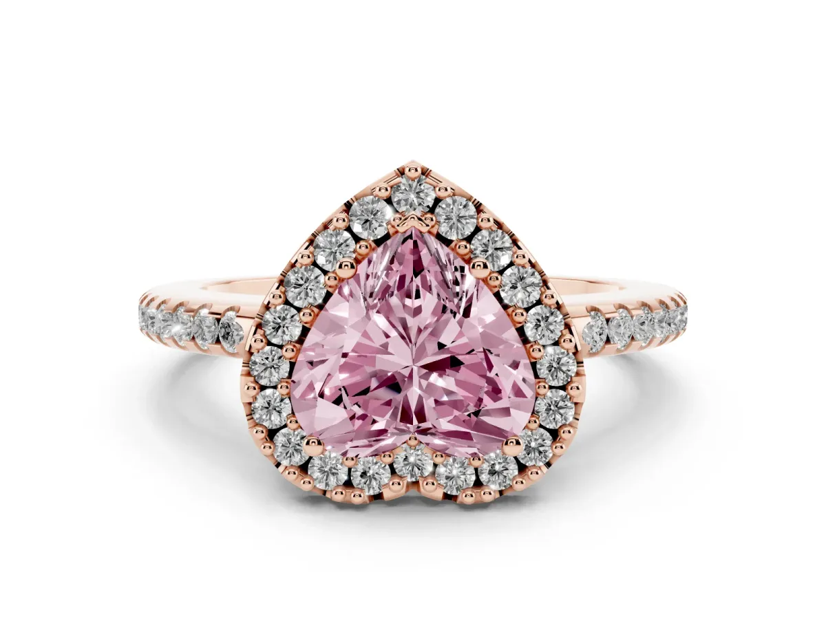 Fancy Pink Heart Cut Diamond Pavé Halo Ring Set in Rose gold with Prong Setting
