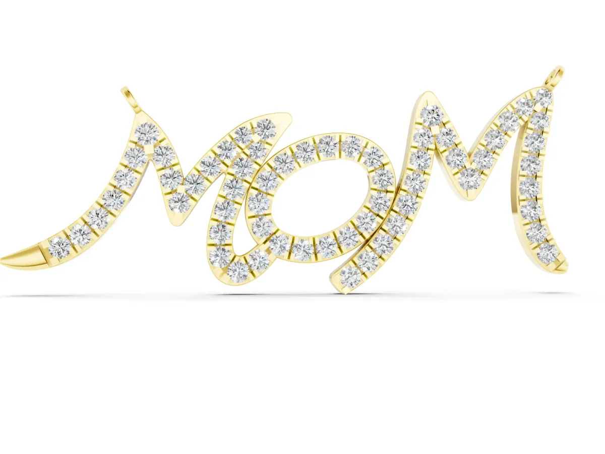 Pavé Round Diamond Mom Script Pendant Set in Yellow gold with Prong Setting