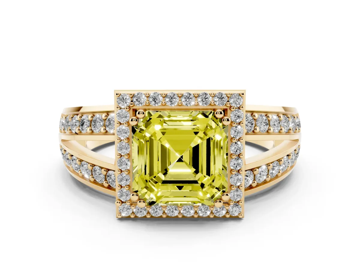Fancy Yellow Asscher Cut Diamond Halo Ring Set in Yellow gold with Double Pavé Split Shank