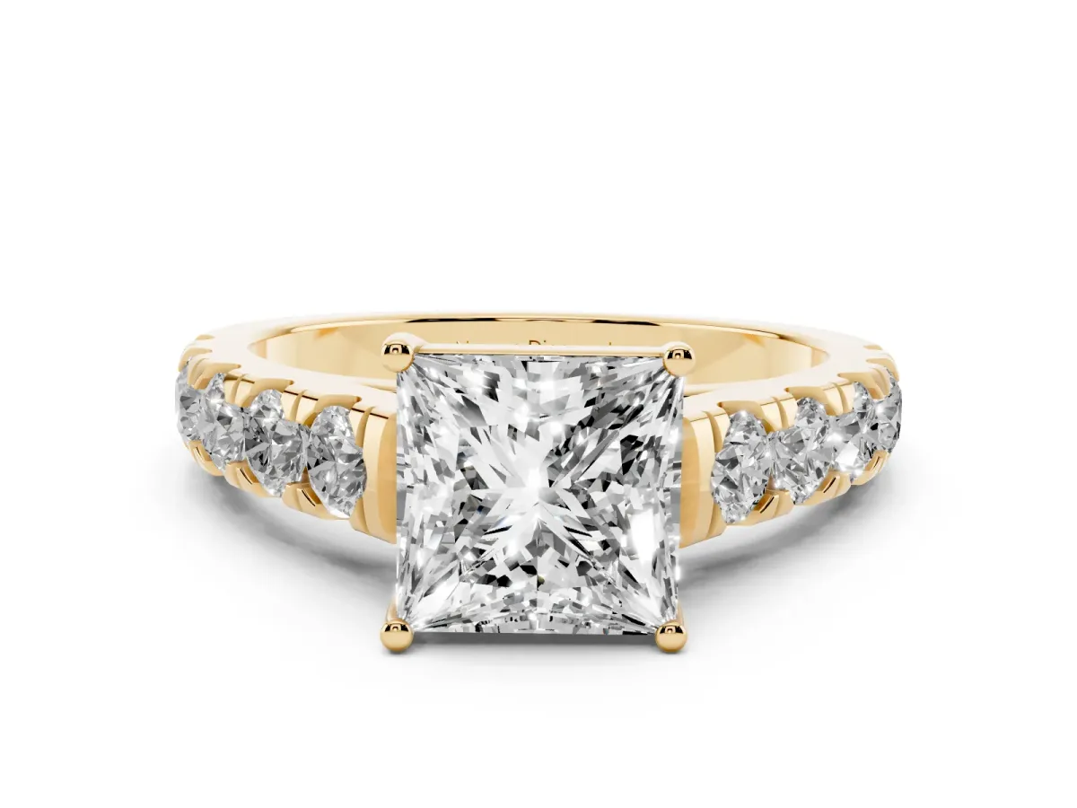 Princess Cut Diamond Solitaire Ring Set in Yellow gold with Cut-Down Micro Pavé Band and Prong Setting