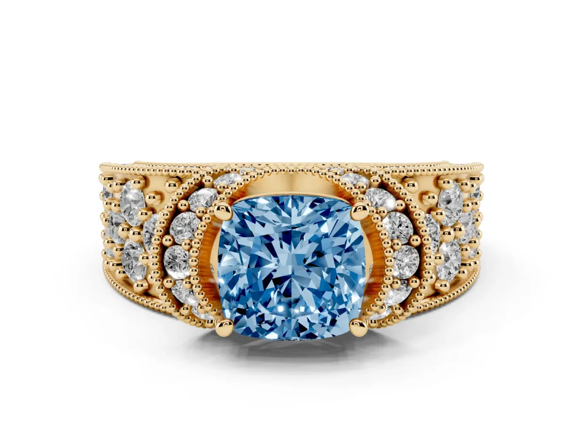 Fancy Blue Cushion Cut Diamond Milgrain Halo Pavé Engagement Ring Set in Yellow gold with Prong Setting