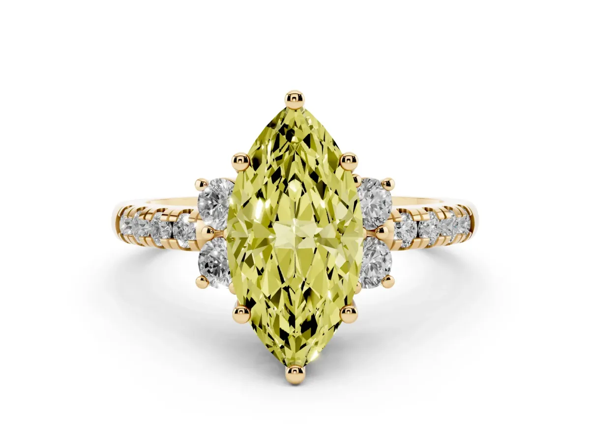 Fancy Yellow Marquise Cut Diamond Three-Stone Pavé Ring Set in Yellow gold with Prong Setting