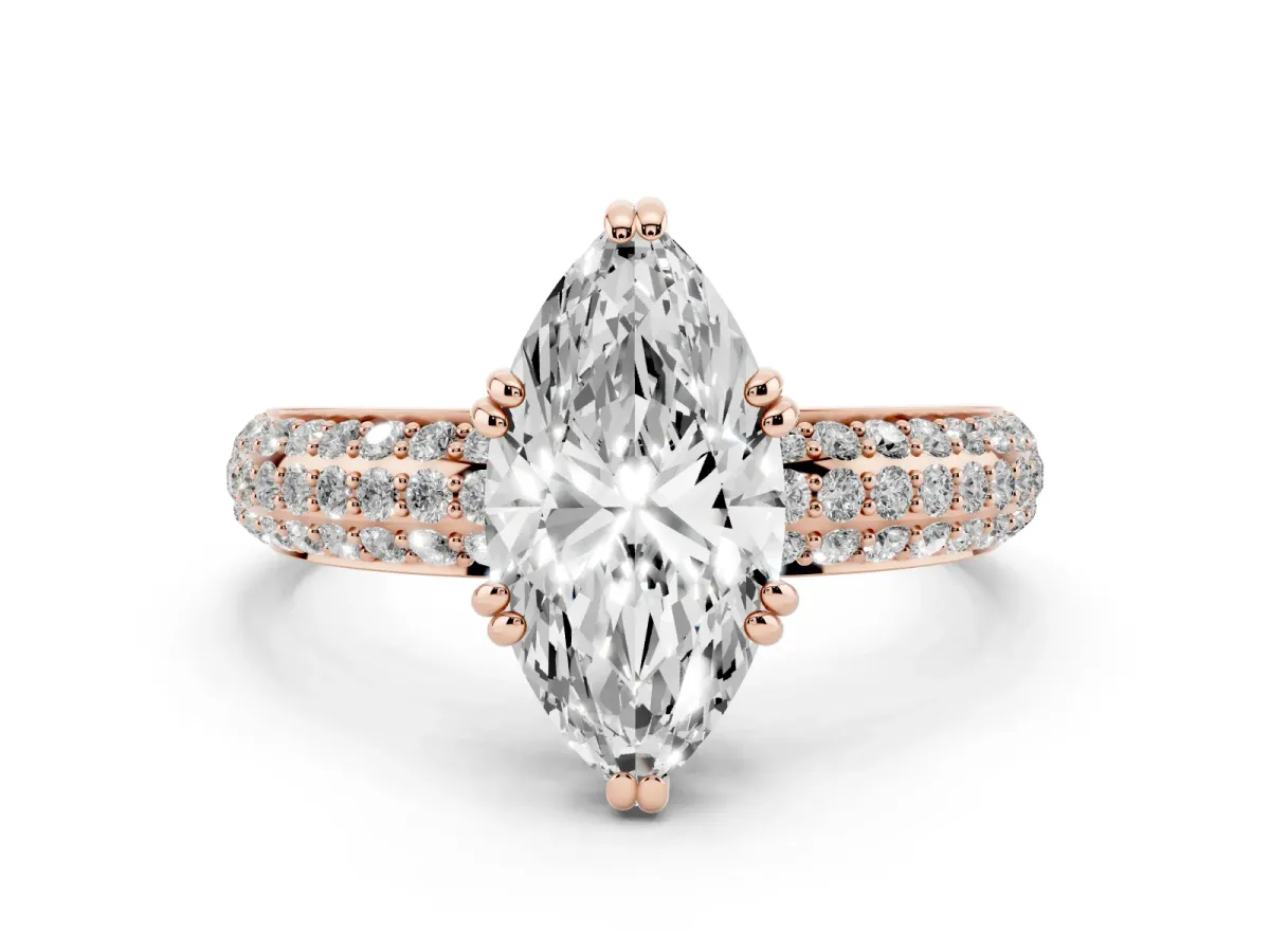 Marquise Cut Diamond Solitaire Ring Set in Rose gold with Multi-Row Round Pavé Band and Prong Setting