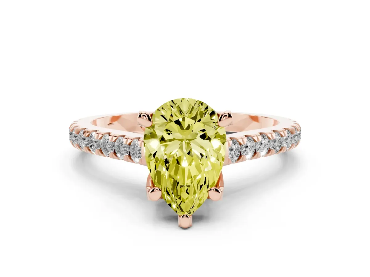Fancy Yellow Pear Cut Diamond Solitaire Ring Set in Rose gold with Brilliant Pavé Band and Prong Setting