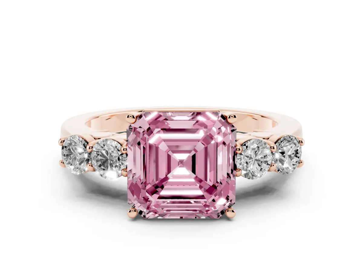 Fancy Pink Asscher Cut Diamond Five-Stone Prong Set Band Ring Set in Rose gold with Polished Band