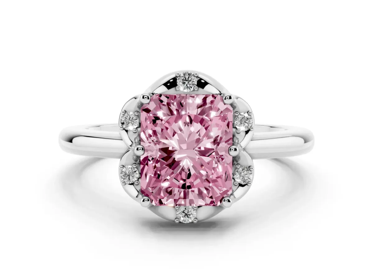 Fancy Pink Radiant Cut Diamond Round Cluster Halo Ring Set in White gold with Solitaire Band and Prong Setting