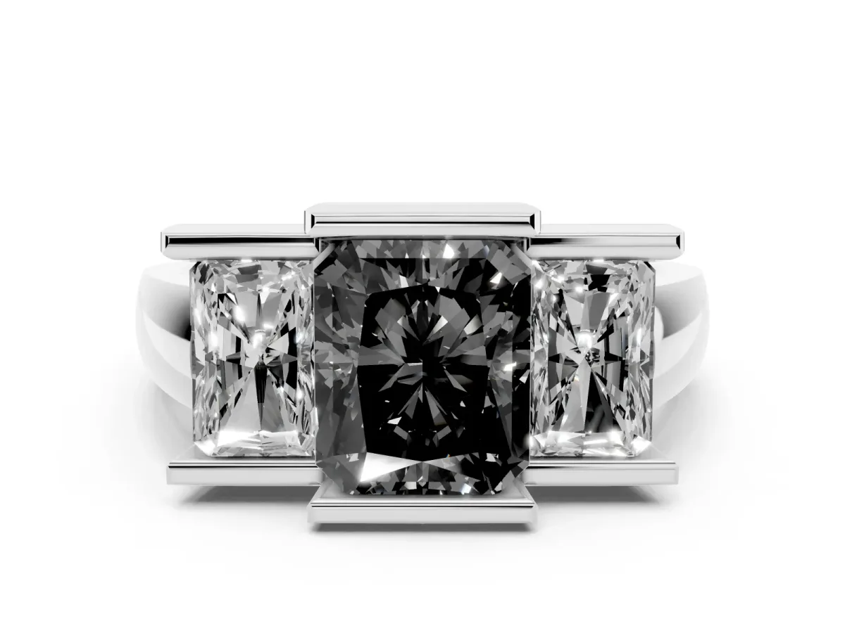 Fancy Black Radiant Cut Diamond Three-Stone Channel Set Ring Set in Silver with Smooth Polished Band