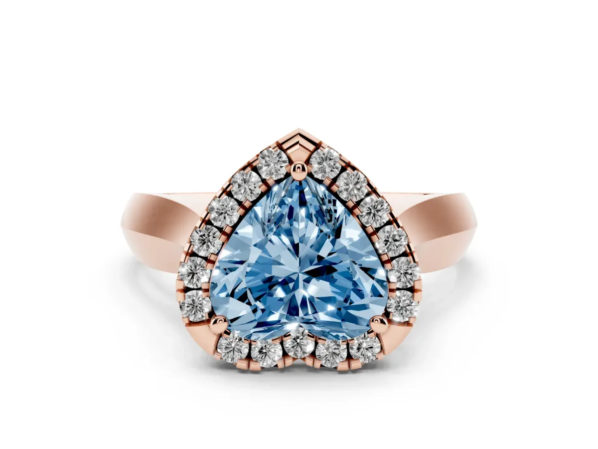 Fancy Blue Heart Cut Diamond Halo Solitaire Engagement Ring Set in Rose gold with Square Band and Prong Setting