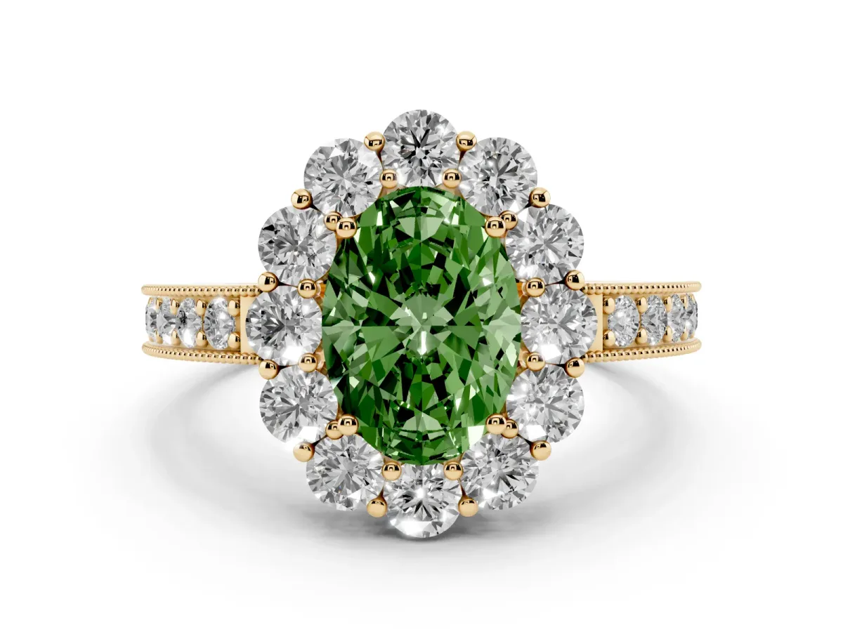 Fancy Green Oval Cut Diamond Halo Pavé Engagement Ring Set in Yellow gold with Milgrain Detailing