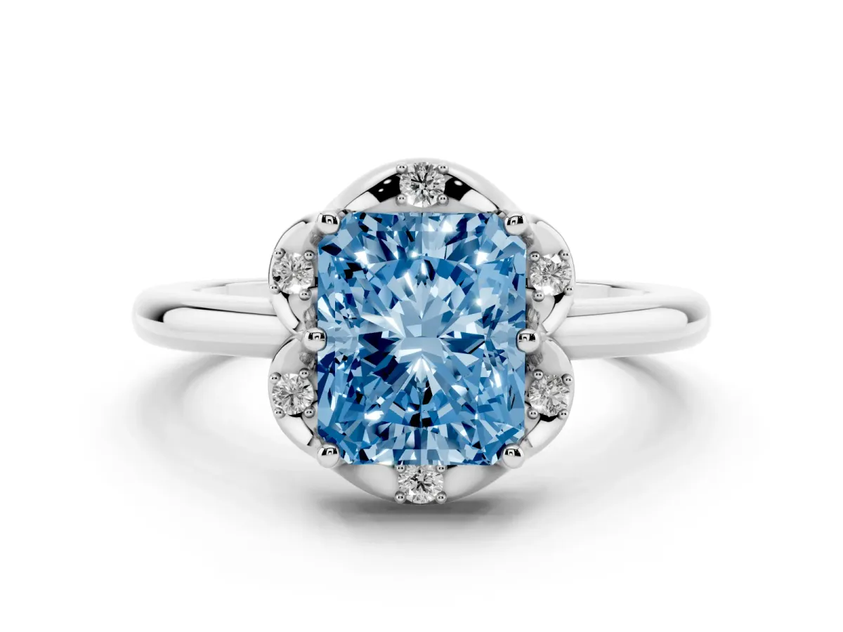 Fancy Blue Radiant Cut Diamond Round Cluster Halo Ring Set in White gold with Solitaire Band and Prong Setting