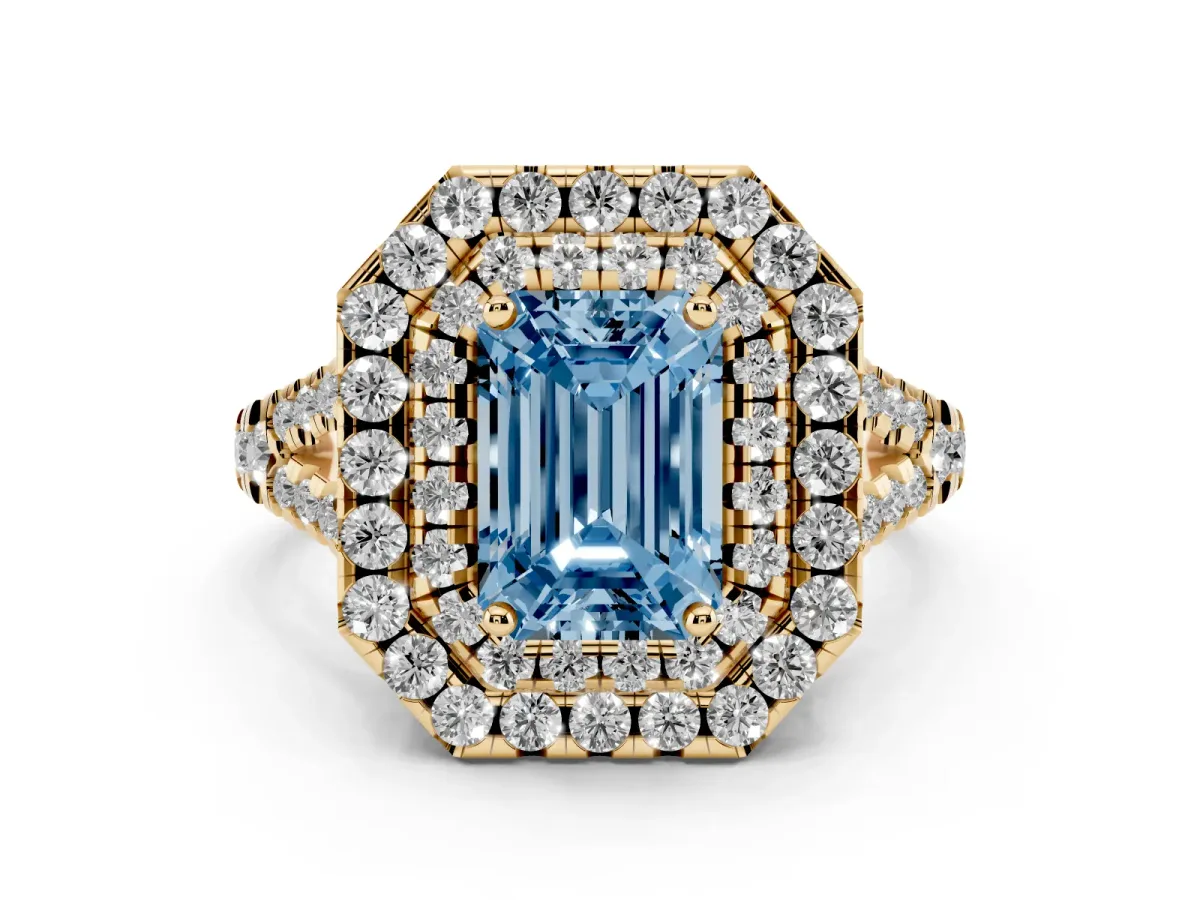 Fancy Blue Emerald Cut Diamond Double Halo Ring Set in Yellow gold with Pavé Split Shank and Prong Setting