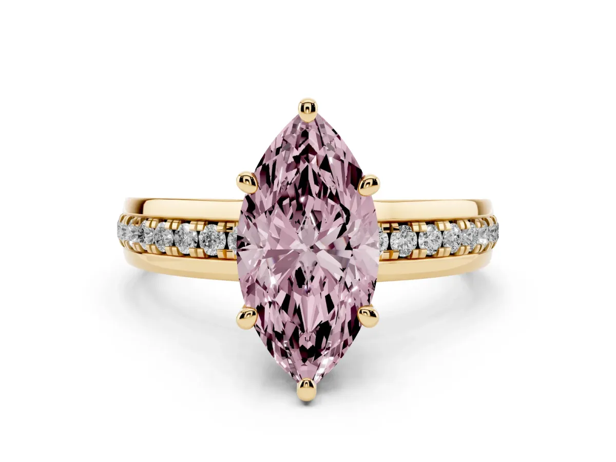 Fancy Pink Marquise Cut Diamond Solitaire Ring Set in Yellow gold with Channel Set Band and Prong Setting