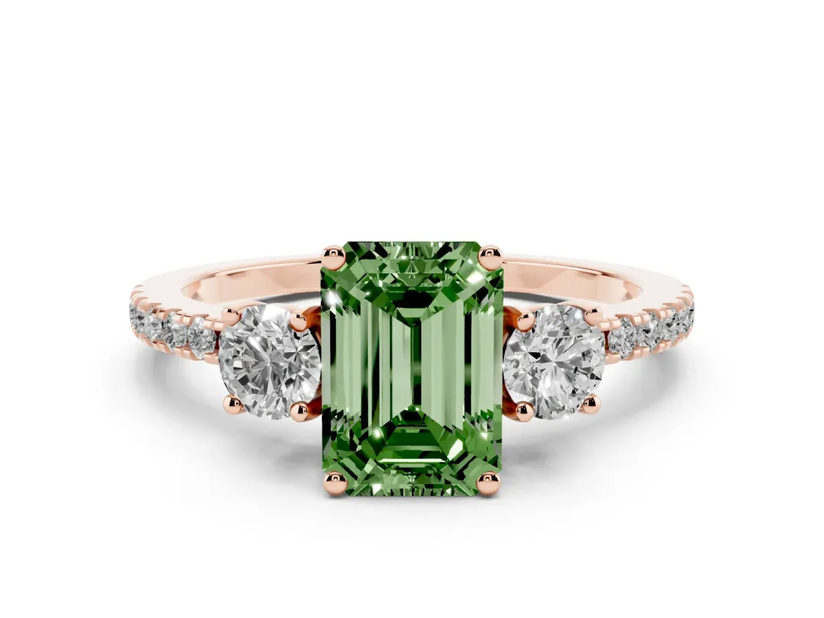 Fancy Green Emerald Cut Diamond Three-Stone Ring Set in Rose gold with Pavé Band and Graduated Sides