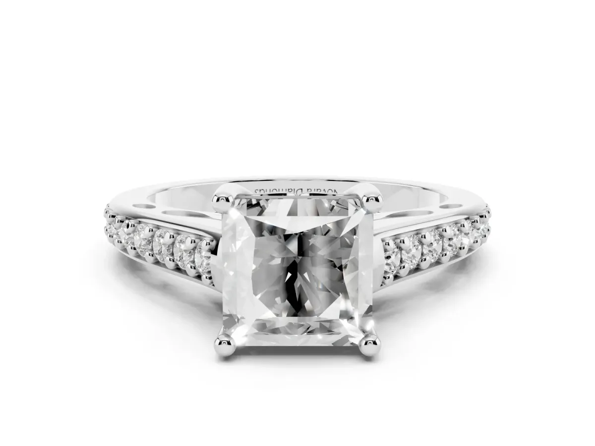 Princess Cut Diamond Prong Set Solitaire Engagement Ring Set in Platinum with Pavé Band