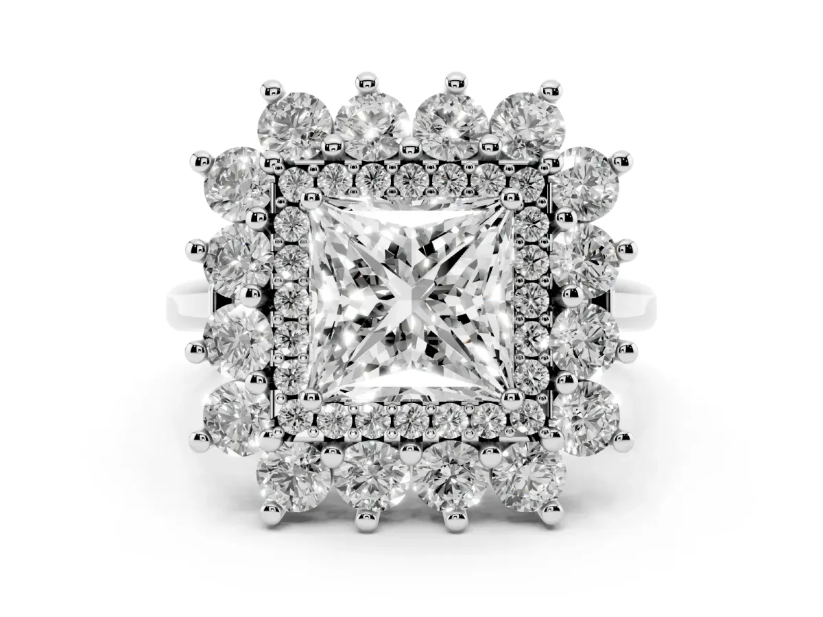 Princess Cut Diamond Floral Double Halo Ring Set in Platinum with Round Petals