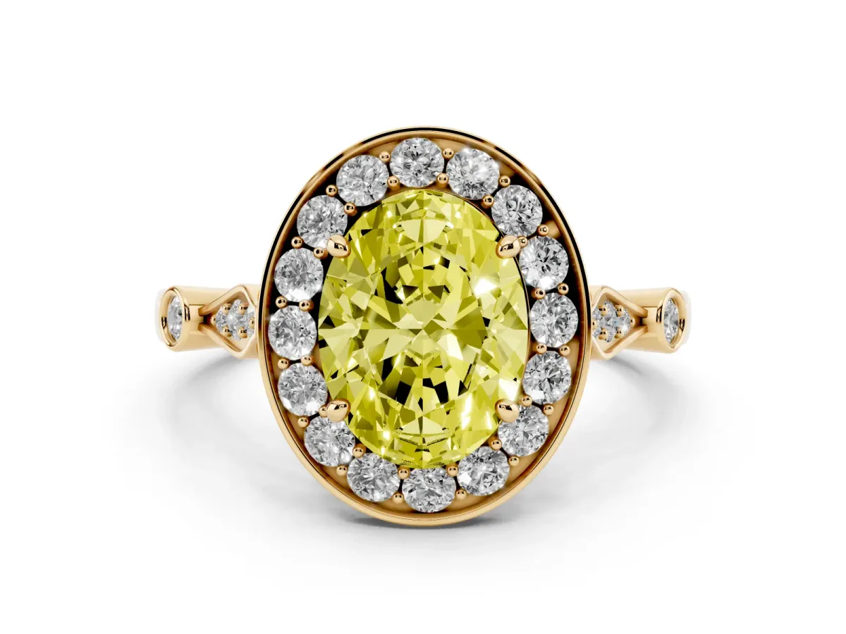 Fancy Yellow Oval Cut Diamond Halo Engagement Ring Set in Yellow gold with Twisted Band and Prong Setting