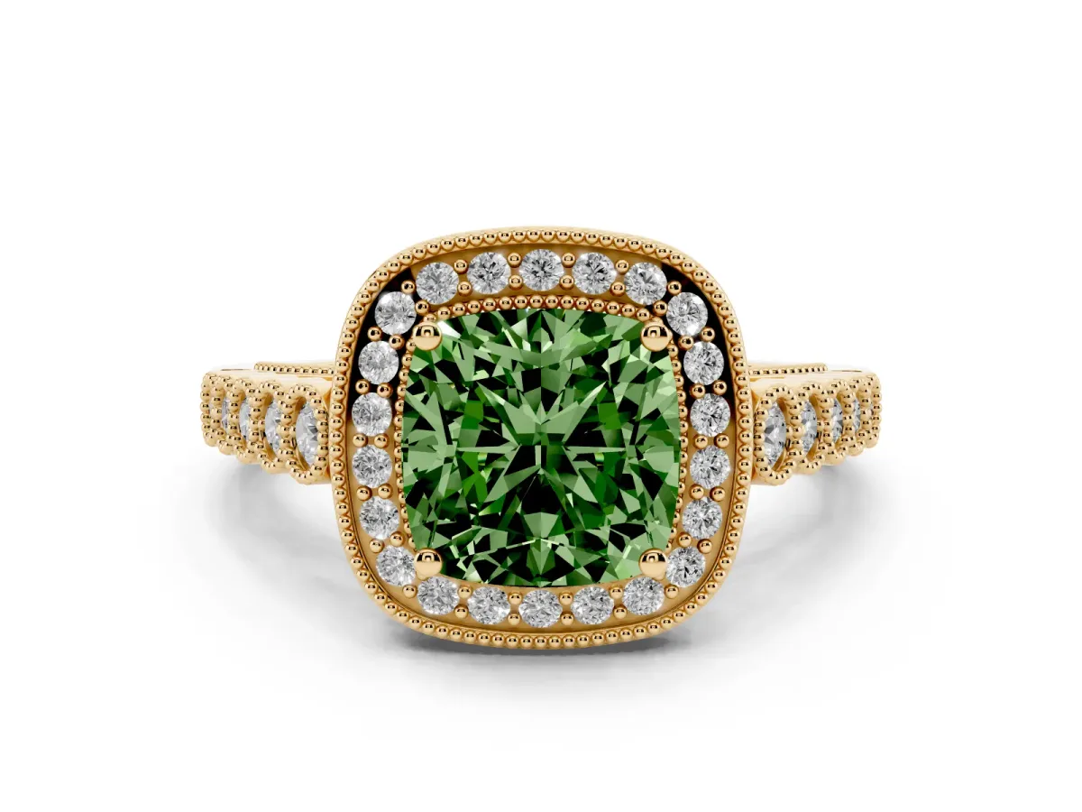 Fancy Green Cushion Cut Diamond Milgrain Halo Solitaire Ring Set in Yellow gold with Bezel Set Side Stones and Pavé Band